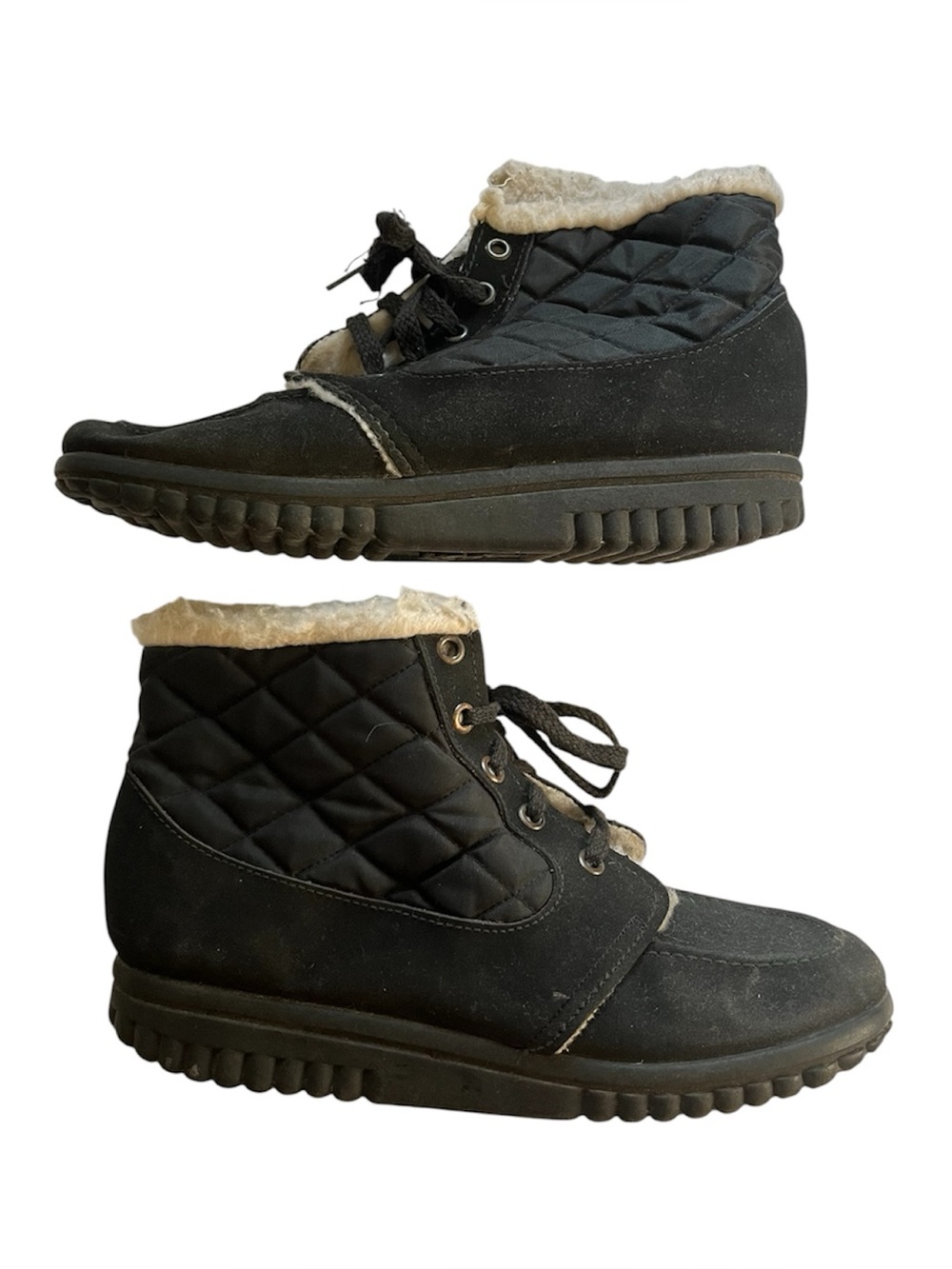 Vtg Unbranded Quilted Winter Ankle Boots Sherpa Lined Lace Up USA Black Size 9